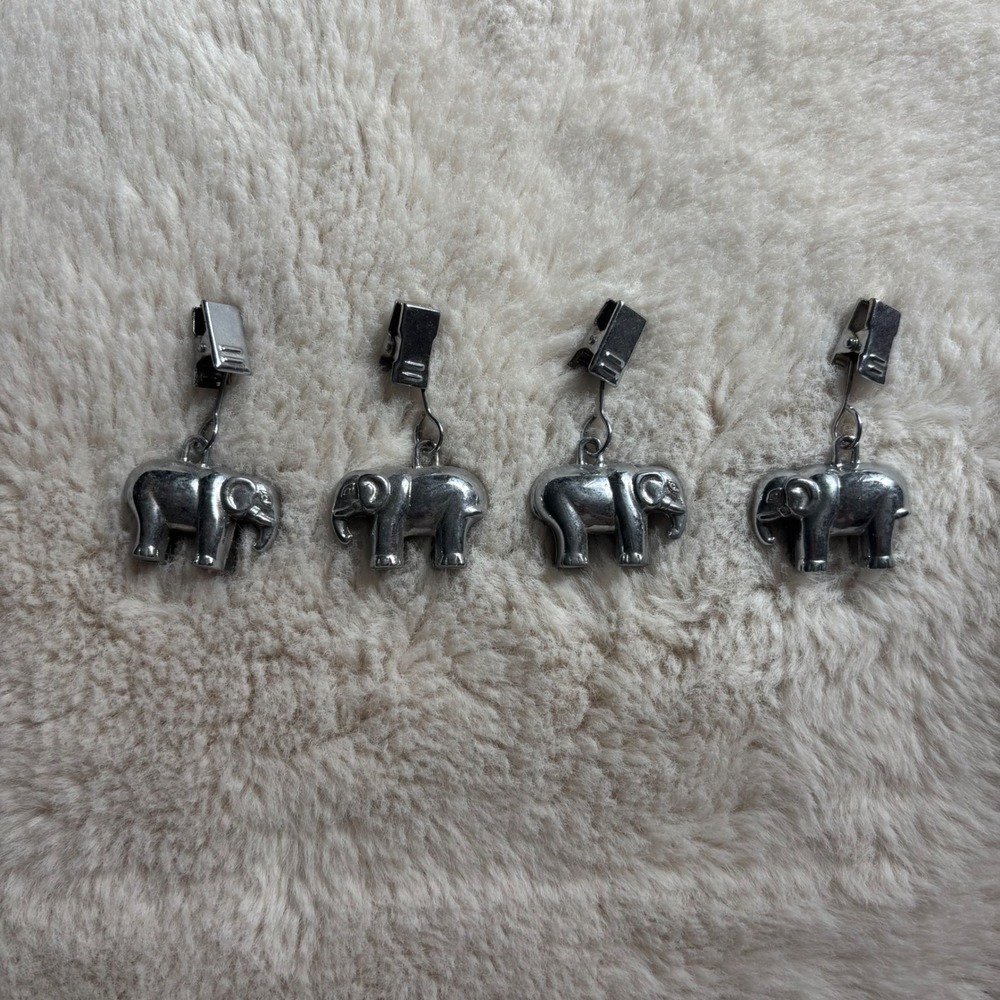 Elephant Tablecloth Weights Silver Tone Set of 4 Drapery Clips Mid Century Decor
